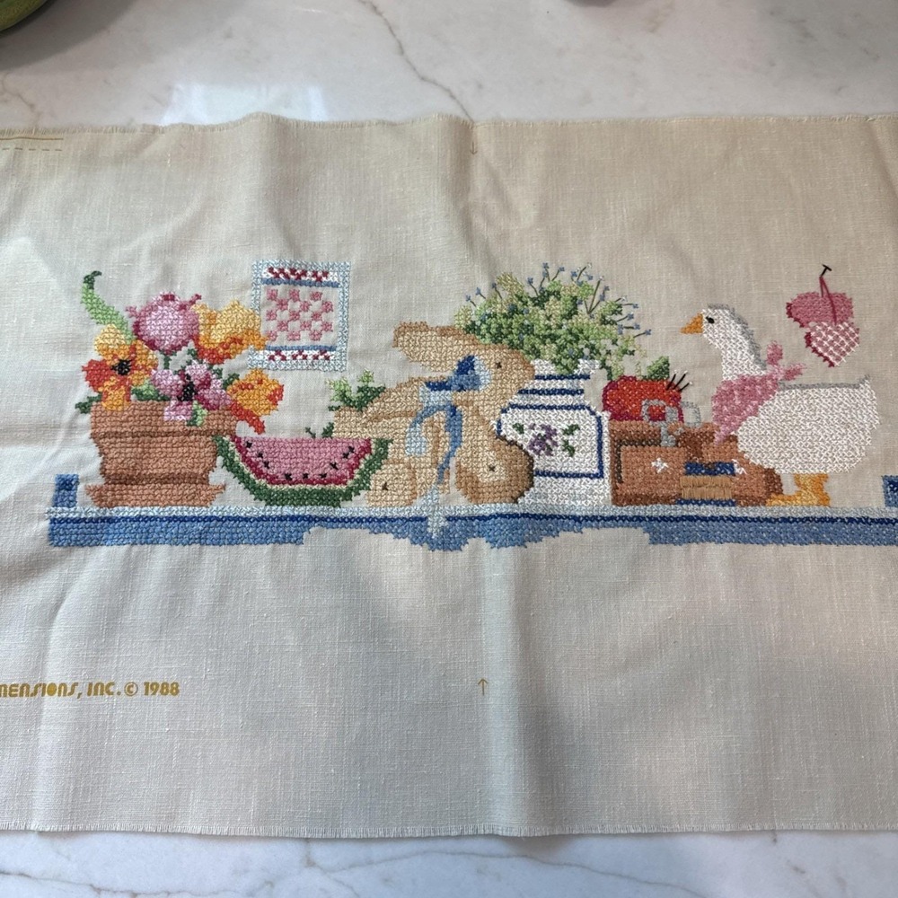 VTG 1988 Dimensions Completed Cross Stitch "COUNTRY SHELF" Unframed